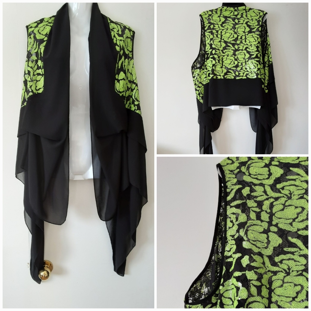 Canadian Made LACE Open Front Black Vest with Lime Sequins on Lace One Size